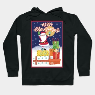 Merry Christmas! Happy Santa standing on a pile of gifts in the snow. Greeting card. Hoodie